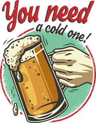 T-shirt colored print with craft lager beer mug with foam. Pint in hand for bavarian oktoberfest