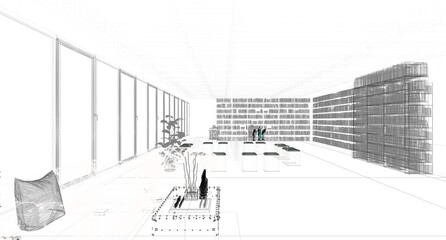 Architectural interior, multimedia store and bookstore, modern building, product sale, architectural project, interior visualization, 3d rendering, 3d illustration, wireframe, sketch