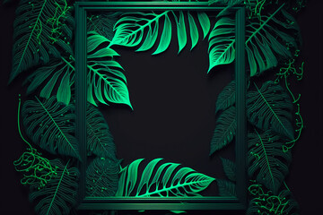 Aesthetic leaf frame background, neon botanical design, copy space. Generative AI	