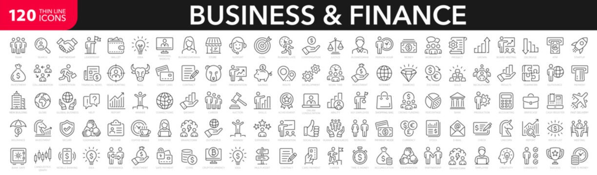 Business and Finance line icons set. Businessman outline icons collection. Money, investment, teamwork, meeting, partnership, meeting, work success - stock vector.