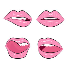 Lips. A set of illustrations of pink lips expressing different emotions. Female lips in cartoon style, smile and sensual lips, kiss and tongue on a white background.