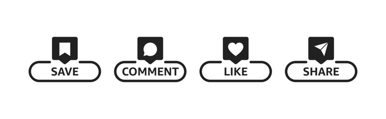 Like, comment, save, share icon, button set. Vector EPS 10