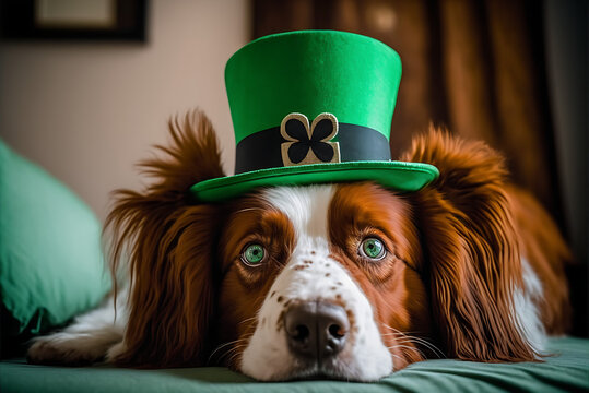 Cute dog with green hat at home. St. Patrick's Day celebration, Generative Ai
