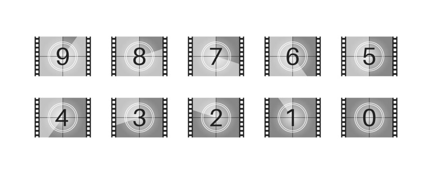 Retro countdown frame set. Movie countdown frames with numbers from 9 to 0. Vector EPS 10