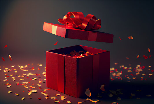 red gift box with red ribbon, partially open for product placement, generative ai