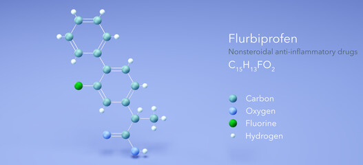 flurbiprofen molecule, molecular structures, nonsteroidal anti-inflammatory drugs 3d model, Structural Chemical Formula and Atoms with Color Coding