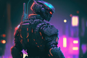 Obraz na płótnie Canvas Cyberpunk soldier, neon highlights and neon contour. Cyberpunk soldier city patrol, illustration of military robot. Concept art, Digital painting. (ai generated)