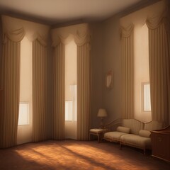 Retro room with three windows and curtains - rendering - generative ai 