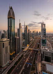 Views across Sheikh Zayed Road in from Level 43 at the Sheraton Four Points in Dubai during Golden Hour