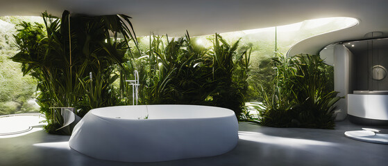 Contemporary, Futuristic Bathroom with Large Round Windows, Surrounded by Plants. Generative AI