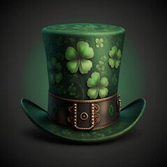 Happy St Patricks Day leprechaun hat with Shamrock lucky charms on vintage style, Generative Ai