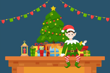 Flat elf sits on fireplace mantel with gifts and decorated tree on home background. Vector cartoon Merry Christmas illustration. Cute winter character with smile for holiday season greeting poster