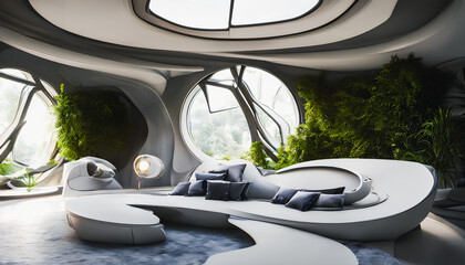 Futuristic, modern living room with large round windows and lush greenery surrounding. Generative AI