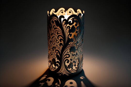  a candle that is sitting on a table with a shadow on the floor behind it and a black background behind it with a pattern on it.  generative ai