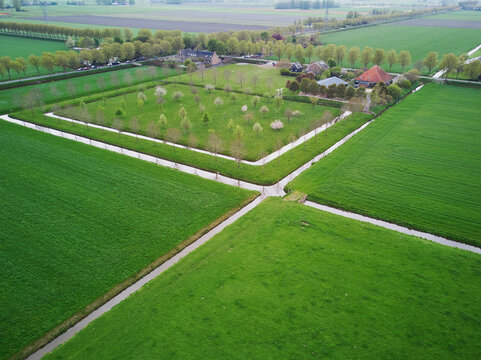 Aerial drone view of green fields and fruit tree gardens in Zuid-Holland, the Netherlands