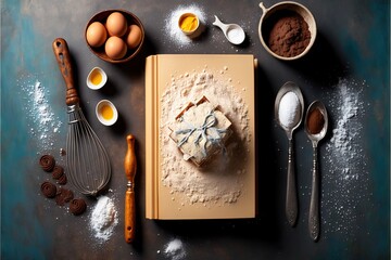  a recipe book surrounded by ingredients for a cake on a blue tablecloth with a spoon and measuring spoons and eggs on the side.  generative ai