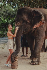 Fototapeta premium elephant and girl, elephant park 