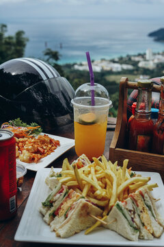 French frice, orange juce, riging motorbike