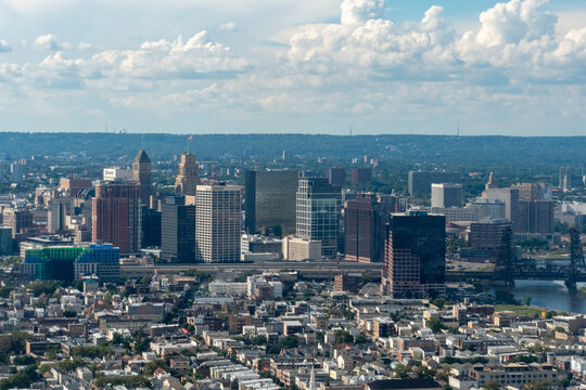 Aerial view of the skyline of Newark, New Jersey, The Passaic River and the surrounding areas