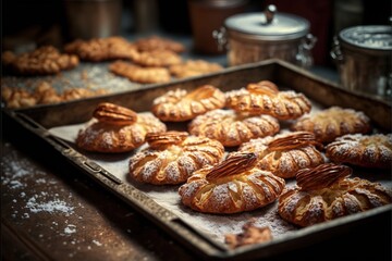  a tray of pastries sitting on top of a table next to a can of coffee and a can of tea and a can of tea.  generative ai
