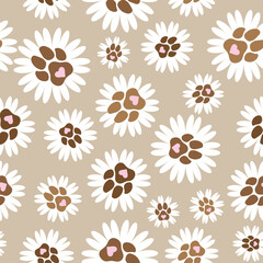 Fototapeta na wymiar seamless repeat pattern with cute brown shades simple pet paws with a pink heart on white flowers on a beige background perfect for fabric, scrap booking, wallpaper, gift wrap projects 