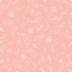 seamless repeat pattern with cute birds and flower elements a melon pink background perfect for fabric, scrap booking, wallpaper, gift wrap projects
