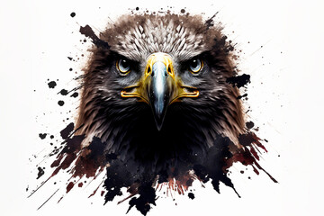 Black eagle head on white background illustration, close-up, looking at the camera, Generative AI
