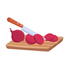 Cut juicy beets on board cartoon illustration. Preparing ingredients for salad, making healthy dinner. Food, vegetables concept