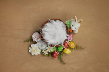 Newborn digital backdrop with easter bunny, eggs and handmade flowers. Newborn easter background....