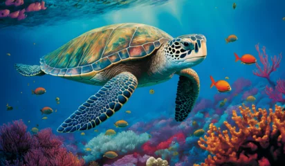 Poster sea turtle swimming in the sea, ocean background, illustration generativ ai  © Luc.Pro