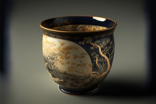 Coffee cup in kintsukuroi style, concept of Kintsugi and Ceramics, created with Generative AI technology