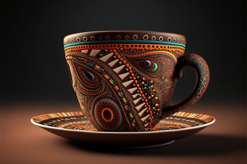 Coffee cup in mola style, concept of Mola Art and Tribal Pattern, created with Generative AI technology - obrazy, fototapety, plakaty