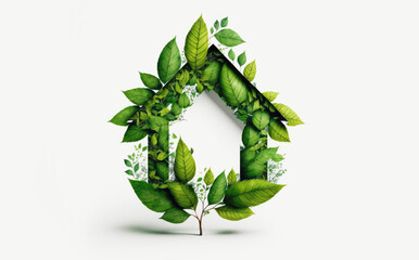 Ecology house symbol made from leaves, eco concept illustration on white background, generative, ai - obrazy, fototapety, plakaty