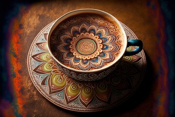 Coffee cup in rangoli style, concept of Decorative and Artistic, created with Generative AI technology
