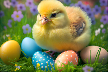 Easter chick with Easter eggs, flower spring background, Illustration generative ai 