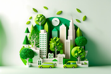 Green eco friendly city Illustration paper art style. Preservation of ecology. Green energy idea. Generative AI