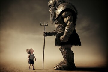 David and goliath, concept of Strength and Overcoming Adversity, created with Generative AI technology