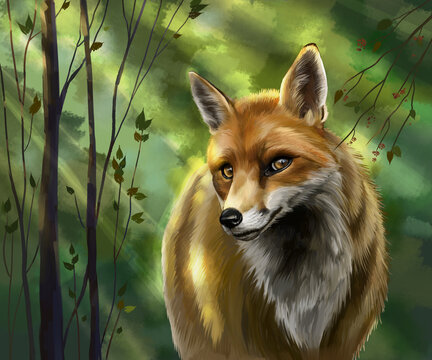 Portrait of a red fox in the forest. High quality illustration