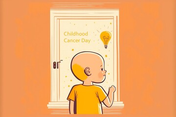International Childhood Cancer Day. Сhild with cancer looks out the window minimal cartoon illustration. Generative AI.