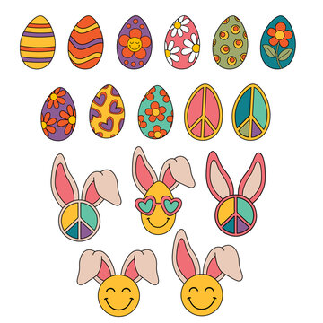 set of isolated retro groovy easter eggs