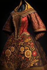 Dress in khokhloma style, concept of Floral Pattern and Bright Colors, created with Generative AI technology
