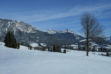 Winter im Tannheimertal mit Blick zur Ortschaft Grän, Läuferspitze, Schartschrofen, Gimpel und Rote Flüh.