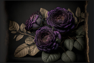 Vintage Classic deep violet rose bouquet on dark background.Generative AI.