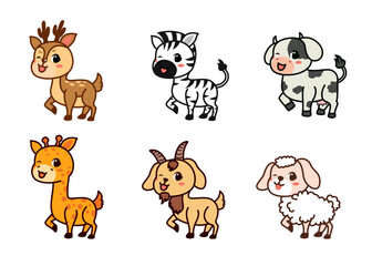 Flat vector set of cute deer, zebra, cow and more in different actions. Adorable forest animals on a white background