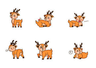 Flat vector set of cute fawn in different actions. Cartoon character of little deer. Adorable forest animal on a transparent background