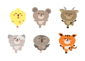 Flat vector set of cute mouse, goat, owl and more in different actions. Adorable forest animals on a white background