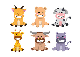 Different style of vector dog, giraffe, cow, goat and more laughing on a transparent background. Isolated objects, cute illustration.