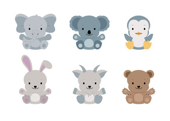 Similar flat style vector set of cute elephant, penguin, rabbit and more on a white background. Adorable forest animals on a white background