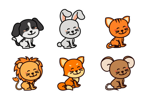 Different style of vector dog, cat, rat, lion and more on a transparent background. Isolated objects, cute illustration.