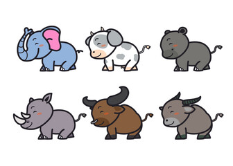 Similar flat style vector set of cute elephant, cow, rhinoceros and more on a white background. Adorable forest animal on a white background